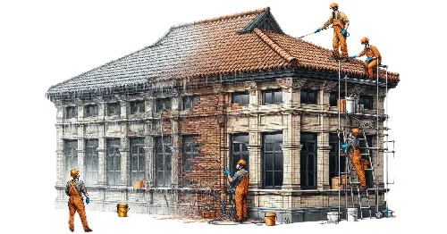 Illustration d'une équipe au travail pour nettoyer la toiture et la façade d'une maison.